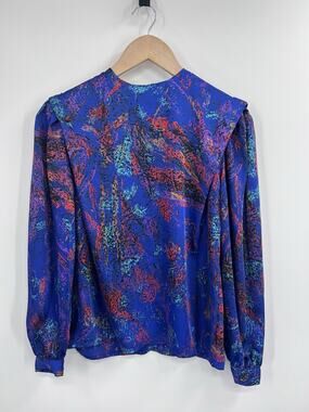 Vintage 80s Blue Multicolor Spatter Long Sleeve Structured Blouse Tess 2P